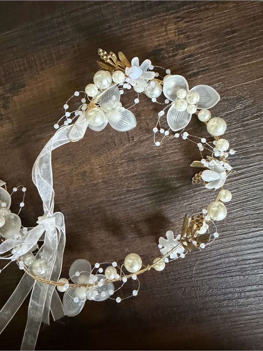 Pearl & Floral Bridal Hair crown with Ribbon Ties - Ivory